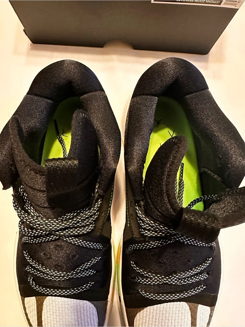Jordan Men's Black Sneakers with White Toe and Rainbow Midsole Accent Box No Lid